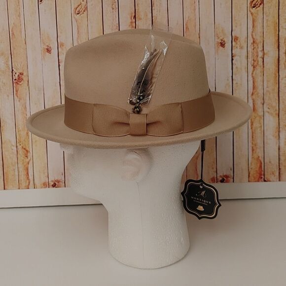 MEN'S MONTIQUE BEIGE LIGHT FELT 2 1/2" WIDE BRIM PINCH FEDORA HAT. H60 - Picture 2 of 8